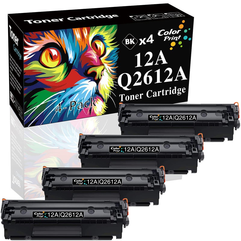 Color Print خرطوشة تونر بديلة متوافقة مع طابعة HP 12A Q2612A 2612A Q2612 لطابعة ليزر جيت برو 1020 1012 1022 1010 1018 1022n 3015 3050 3052 3055 3030 M1005 M1319F (4-علبة، أسود) - Image 1